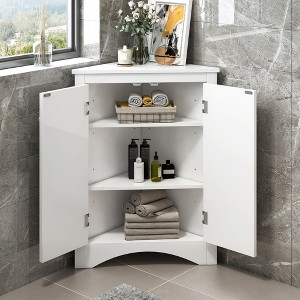 QingMoon Triangle Bathroom Storage Cabinet, Freestanding Floor Corner Cabinet with Doors and Adjustable Shelves for Bathroom, Living Room - 1 of 4