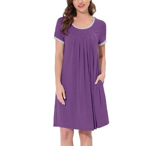 cheibear Women's U Neck Short Sleeve Lounge Dress Pajama Nightgown - 1 of 4