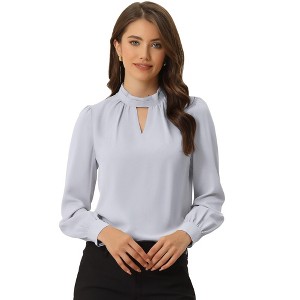 INSPIRE CHIC Women's Office Keyhole Elegant Stand Collar Long Sleeve Back Neck Button Blouse - 1 of 4