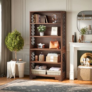 Kumasinova Farmhouse Bookshelf Corner Freestanding 6-Tier Bookcase Display for Living Room,Bedroom,Office,Brown - 1 of 4