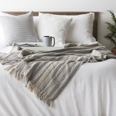 French Blue Cotton Braided Stripe Throw Blanket with Fringe