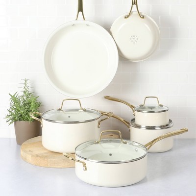 Linen White 10-Piece Nonstick Enamel Aluminum Cookware Set with Gold Handles