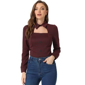 Allegra K Women's Choker Neck Houndstooth Print Long Sleeve Gothic Cutout Top - 1 of 4