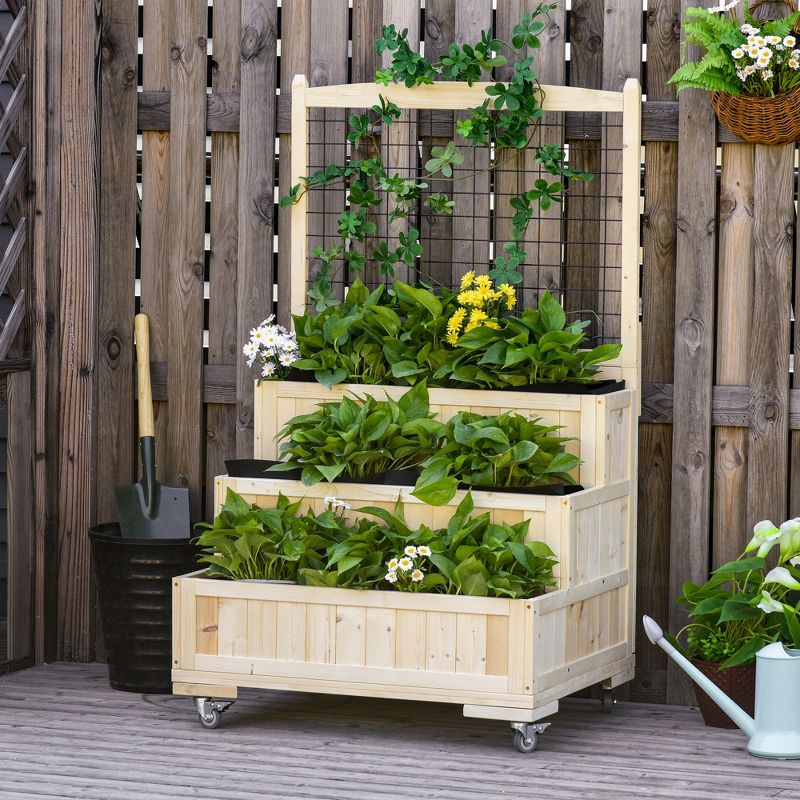 Outsunny 3-Tiers Raised Garden Bed with Wheels, Trellis, Back Storage Area, Easy Movable Wooden Planter Boxes for Flowers, Vegetables, Herbs, Natural, 3 of 10