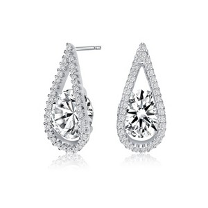 Guili Halo Glow Sterling Silver Rhodium Plated Clear Round Cubic Zirconia Pear Frame Earrings with Radiant Brilliance and Timeless Charm - 1 of 3