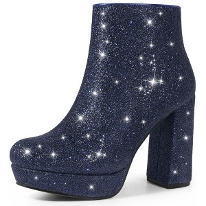 Perphy Women's Platform Glitter Round Toe Zip-Up Block Heels Ankle Boots - 1 of 3