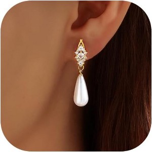Pearl Earrings,14k Gold Plated Trendy Diamond Pearl Drop Earrings Bridal Shower Gifts Wedding jewelry for Women - 1 of 4