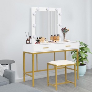 VINGLI 40" Vanity Set with Lighted Mirror and Stool,White Makeup Vanity Table Set with 9 Lights for  Bedroom, White&Gold - 1 of 4