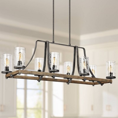Rustic 8-Light Linear Chandelier in Distressed Weathered Oak and Slate Grey Metal