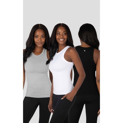 90 Degree By Reflex Womens 3 Pack Seamless Ribbed Tri Color Full Length  Tank, - White/Heather Grey/Black - Large