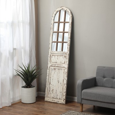 Distressed White Wood Arched Door Full-Length Mirror