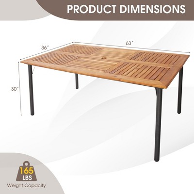 Natural Acacia Wood and Black Metal Outdoor Dining Table with Umbrella Hole