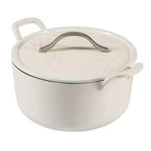 Bloomhouse 7 Qt Cast Iron Dutch Oven W/ Embossed Lid, European Enamel, & Walnut Wood Trivet - 1 of 4