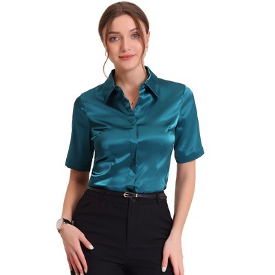 Allegra K Women's Casual Short Sleeve Satin Work Business Workwear Button Down Shirt