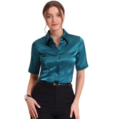 Allegra K Women's Casual Short Sleeve Satin Work Business Workwear Button  Down Shirt Peacock Blue X-small : Target