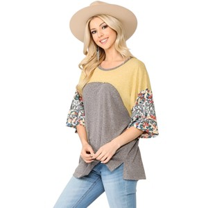 Slickblue Women's Knit and Floral Print Colorblock Top, Relaxed Fit Dolman Sleeve Tee, Citron Mix/Denim Mix, Size S-L - 1 of 4