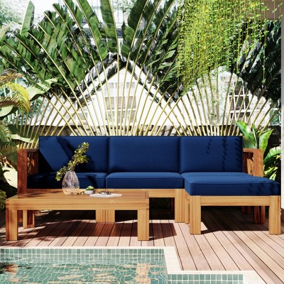 Chic Crate-5-Piece Wood Outdoor Patio Sectional Sofa Set with Water-Resistant Blue Cushions for Backyard, Porch, Deck - Natural Finish
