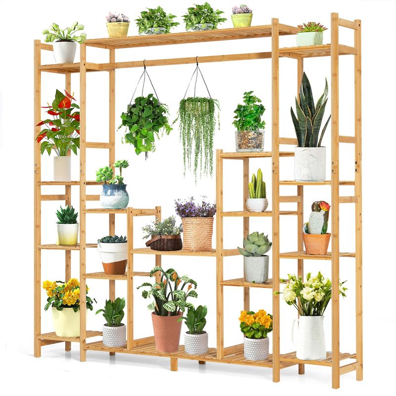 Costway 9-Tier Bamboo Plant Stand Potted Holder w/Hanging Rack Tall Display Shelf Unit, 1 of 11