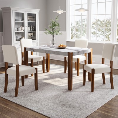 VYNXARIA 5-Piece Modern Dining Furniture Set, 4-Person Space-Saving Dinette for Kitchen, 46" Faux Marble Style Table and 4 Upholstered