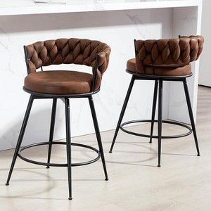 DYHOME Swivel Bar Stools Set of 2, 24" Counter Height Kitchen Stools with Back, Suede & Woven Backrest, 360° Roating Metal Frame Barstools - 1 of 4