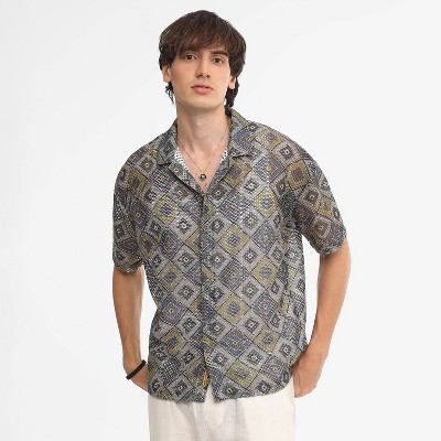 Campus Sutra Men Men's Lapis Blue & Yellow Ochre Geometric Block Oversized Shirt