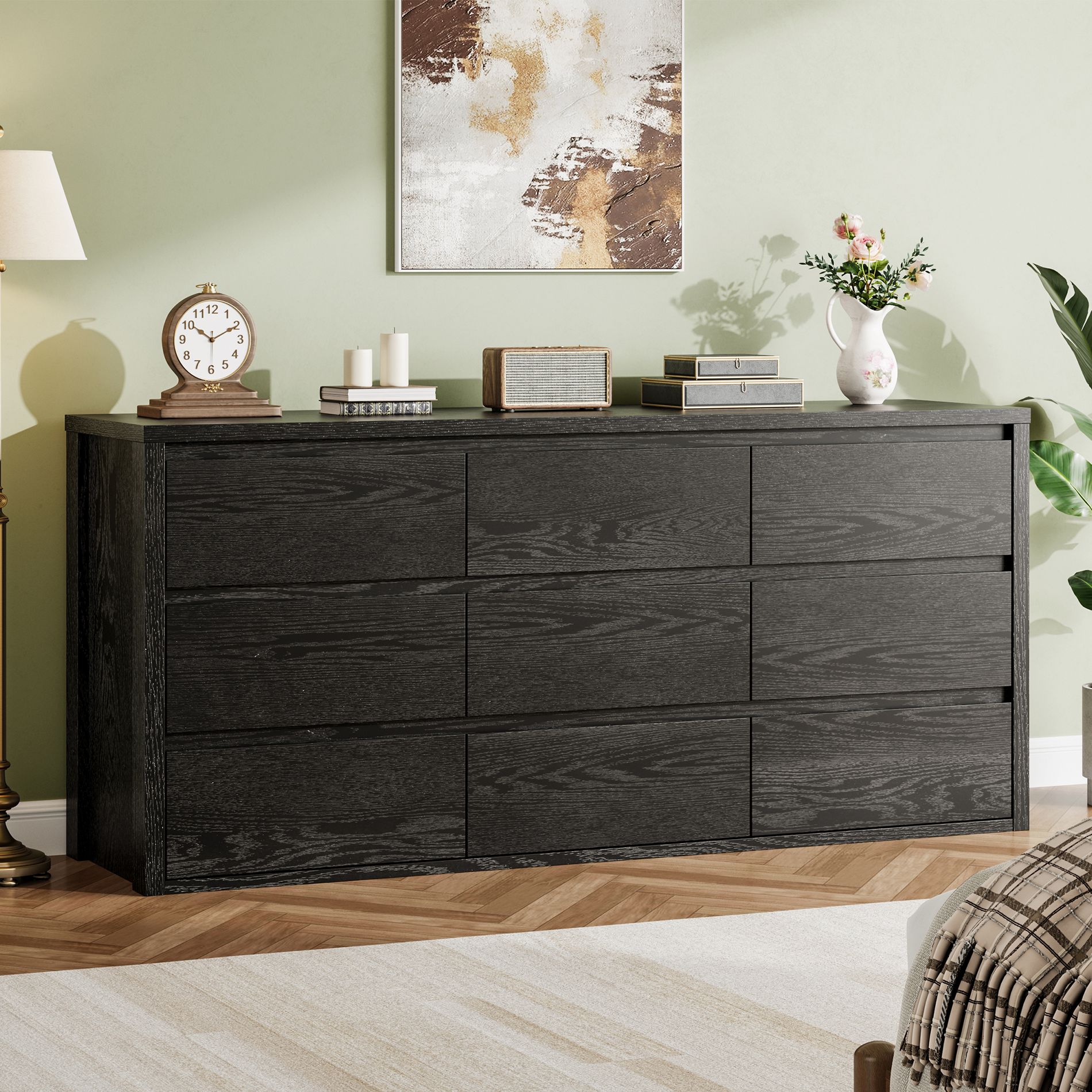 9 Drawer Dresser for Bedroom, Wide Modern Wooden Chest of Drawers with Large Storage, Black Wood Dresser Organizer for Living Room, Hallway, Entryway