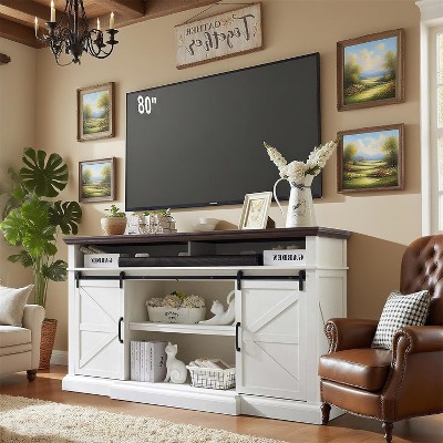 SinCiDo Farmhouse TV Stand for 80" TVs, 37" Tall Media Console with Sliding Barn Door, Storage Cabinets & Adjustable Shelves
