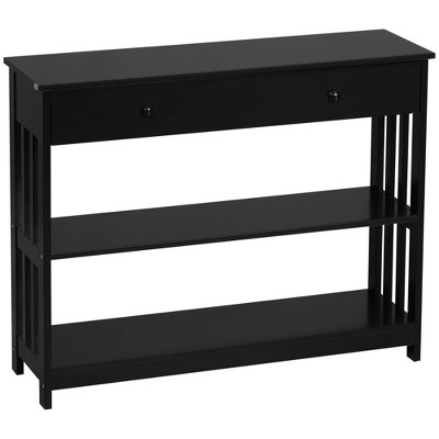 Black Wood Console Table with Drawer and Shelves