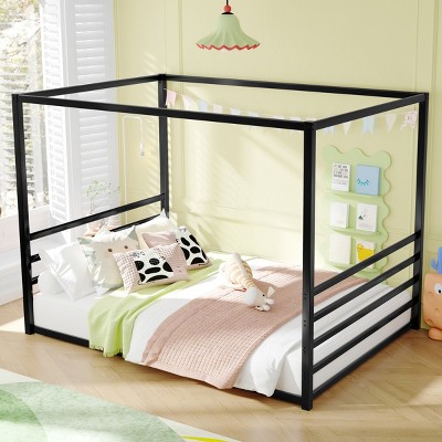 1Pc Floor Bed Frame, Black Metal Low Profile House-Style Design with Guardrails, Mosquito Net Ready - Baofuwish
