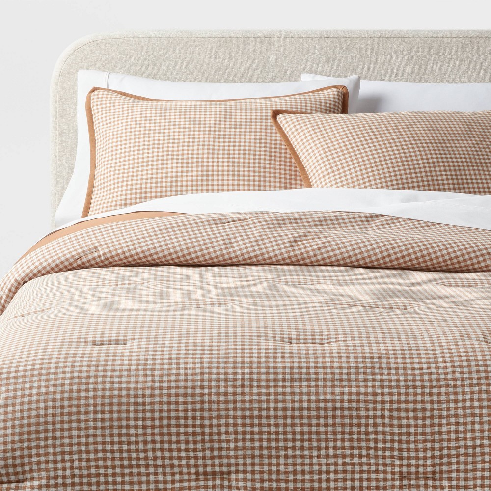 Photos - Bed Linen King Mini Gingham Comforter and Sham Set Camel - Threshold™