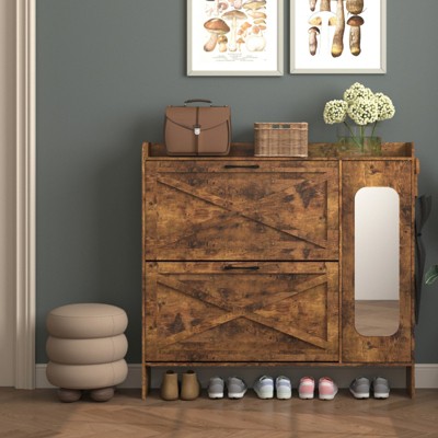 ALEXOUN Farmhouse Shoe Storage Cabinet with 2 Flip Drawers,Freestanding Organizer with Metal Legs for Entryway,Narrow Shoe Rack Cabinet,Rustic Brown