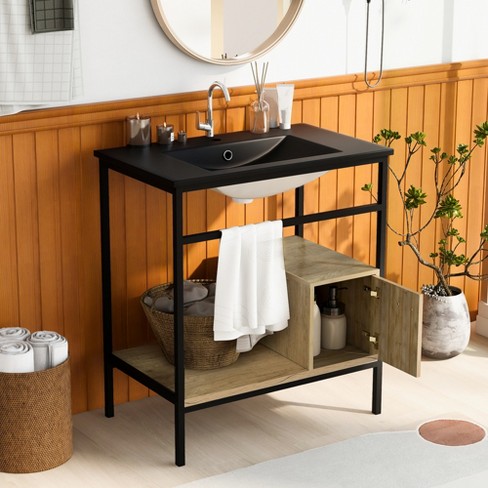Contemporary Bathroom Triangle Storage Cabinet with Adjustable Shelves,  Black Brown - ModernLuxe