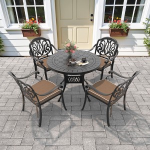 5-Piece Cast Aluminum Outdoor Dining Set: Round Table, Stackable Chairs & Brown Cushions - All-Weather Patio Furniture for Your Backyard - 1 of 4