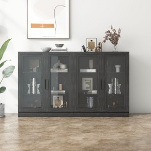 36"x62"x16" Wood Accent Sideboard Cabinet in Black, Storage Organizer with Adjustable Shelves and Glass Doors for Kitchen Bedroom Living/Dinning Room - 1 of 4