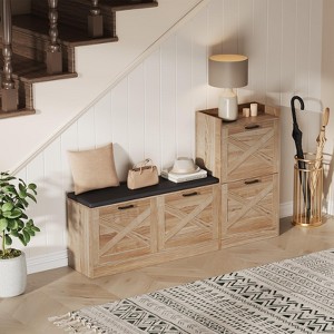 Farmhouse Shoe Cabinet, Wooden Entryway Bench with 4 Flip Drawers, Narrow Hidden Shoe Organizer, Freestanding Shoe Rack for Hallway Foyer - 1 of 4