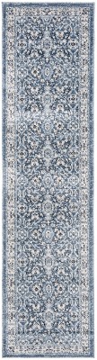 Navy and Cream Synthetic Hand-Knotted Runner Rug