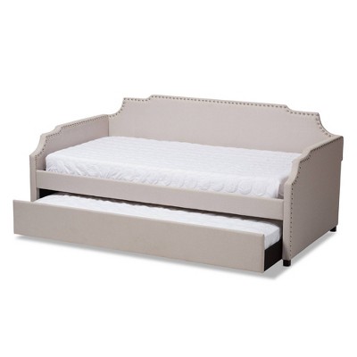 Beige Twin Upholstered Daybed with Nailhead Trim and Trundle