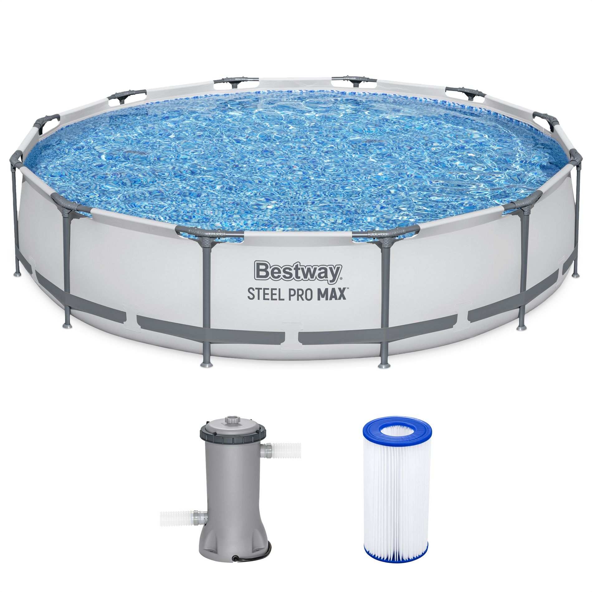 Bestway Steel Pro MAX 12 Foot by 30 Inch Round Above Ground Swimming Pool Set Outdoor Metal Frame Family Pool with Filter Pump, Gray