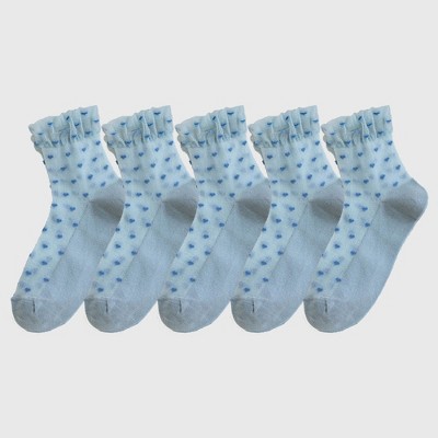 Alilang Women's 5pk Sheer Ankle Socks with Polka Dot Design - Blue