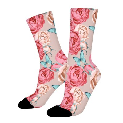 Pink Red Flowers Butterflies Women Printed Crew Socks Funny Funky Socks Soft Polyester Novelty Gifts for Artists Men