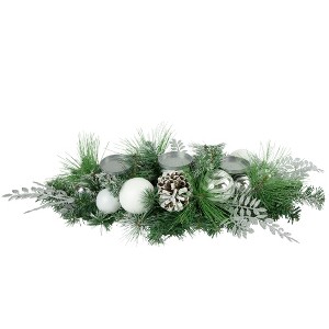 Northlight 30" Green Pine and Needle Triple Candle Holder with Pinecones and Christmas Ornaments - 1 of 4