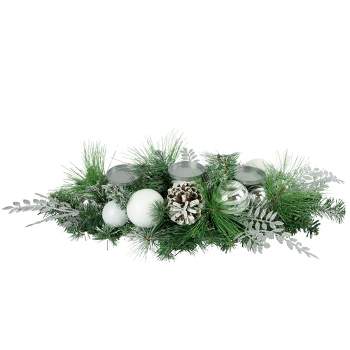 Northlight 30" Green Pine and Needle Triple Candle Holder with Pinecones and Christmas Ornaments