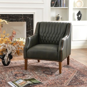 KINWELL Mid-Century Modern Top-Grain Genuine Leather Tufted Upholstered Armchair - 1 of 4