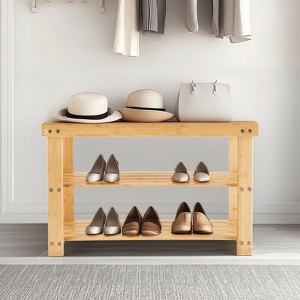 MAYEERTY 3-Tier Bamboo Shoe Rack Bench Compact Storage 286lb Capacity - 1 of 4