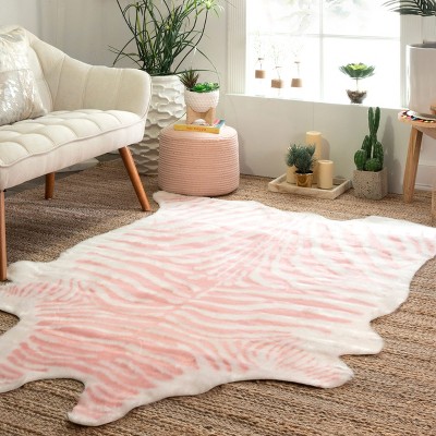 Pink and White Faux Zebra Cowhide Area Rug, 5' x 7'