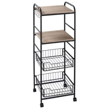 HOMCOM 16" 4-Tier Rolling Kitchen Cart, Utility Storage Trolley with 2 Basket Drawers, Side Hooks for Dining Room and Kitchen