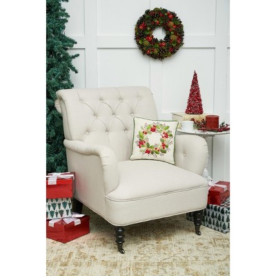 12" Square Red and Green Embroidered Linen Holiday Throw Pillow