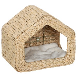 Angel Sar Wall Mounted Cat House, Natural Cattail Wooden Cat Bed with Plush Cushion, Multi-Entrance Hideaway for Cats up to 12lbs - 1 of 4