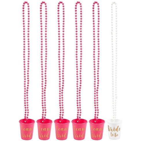 6-Pack Bridal Shot Glass Necklaces, Team Bride & Bride to Be Plastic Beaded in Hot Pink and White with Gold Font for Bachelorette Party Supplies - image 1 of 4