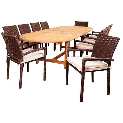 Hillside 11pc Teak Wood Wicker Double-Extendable Oval Patio Dining Set - International Home Miami